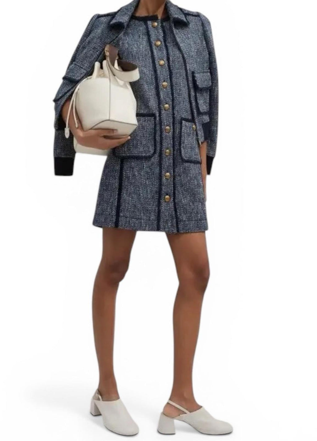 ME+EM Tweed Mini Dress Navy Gold Button Women's US 8 UK 12 SS25 Current Season