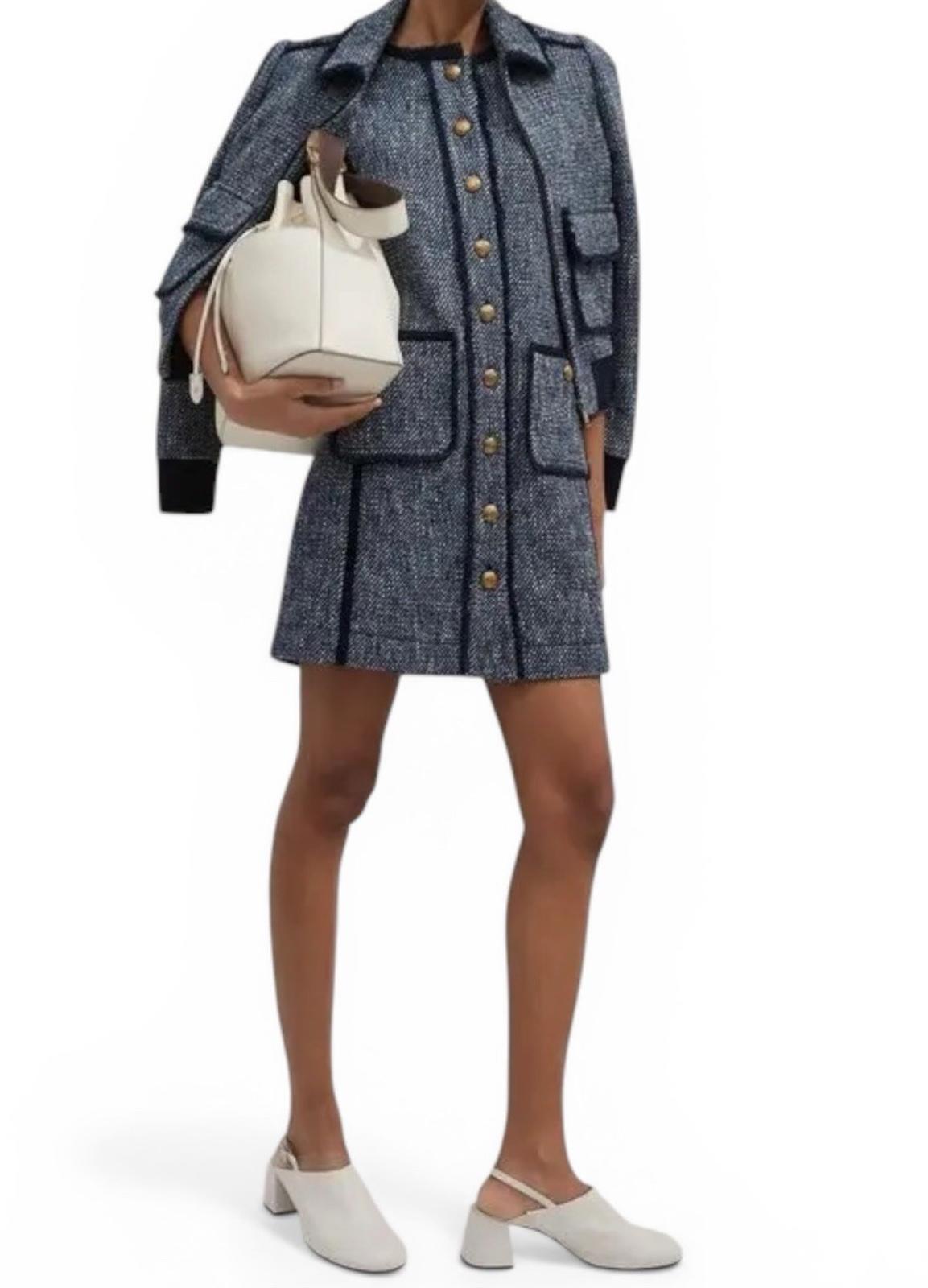 ME+EM Tweed Mini Dress Navy Gold Button Women's US 8 UK 12 SS25 Current Season