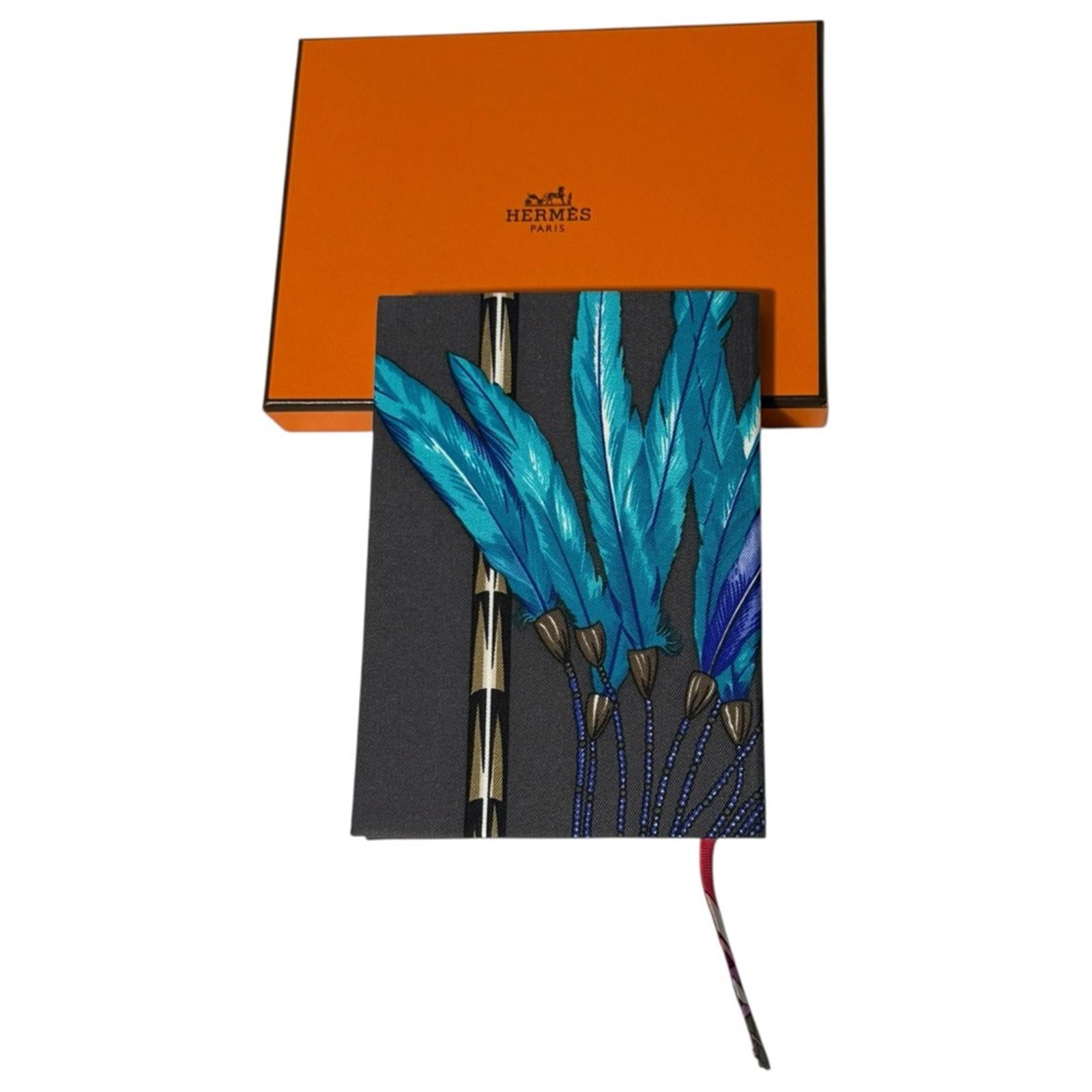 Hermes Brazil Silk Notebook Multicolor Blue Grey Feather Motif New With Box