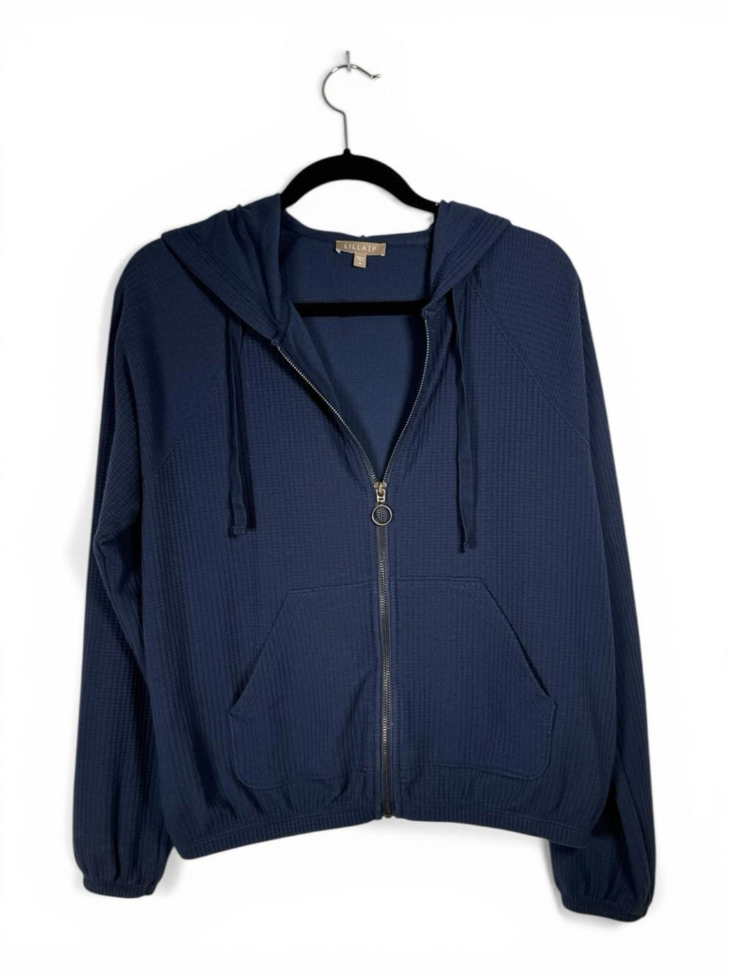 Lilla P Women's Small Zip Front Kangaroo Pocket Hoodie Navy Waffle Knit Jacket - view 2