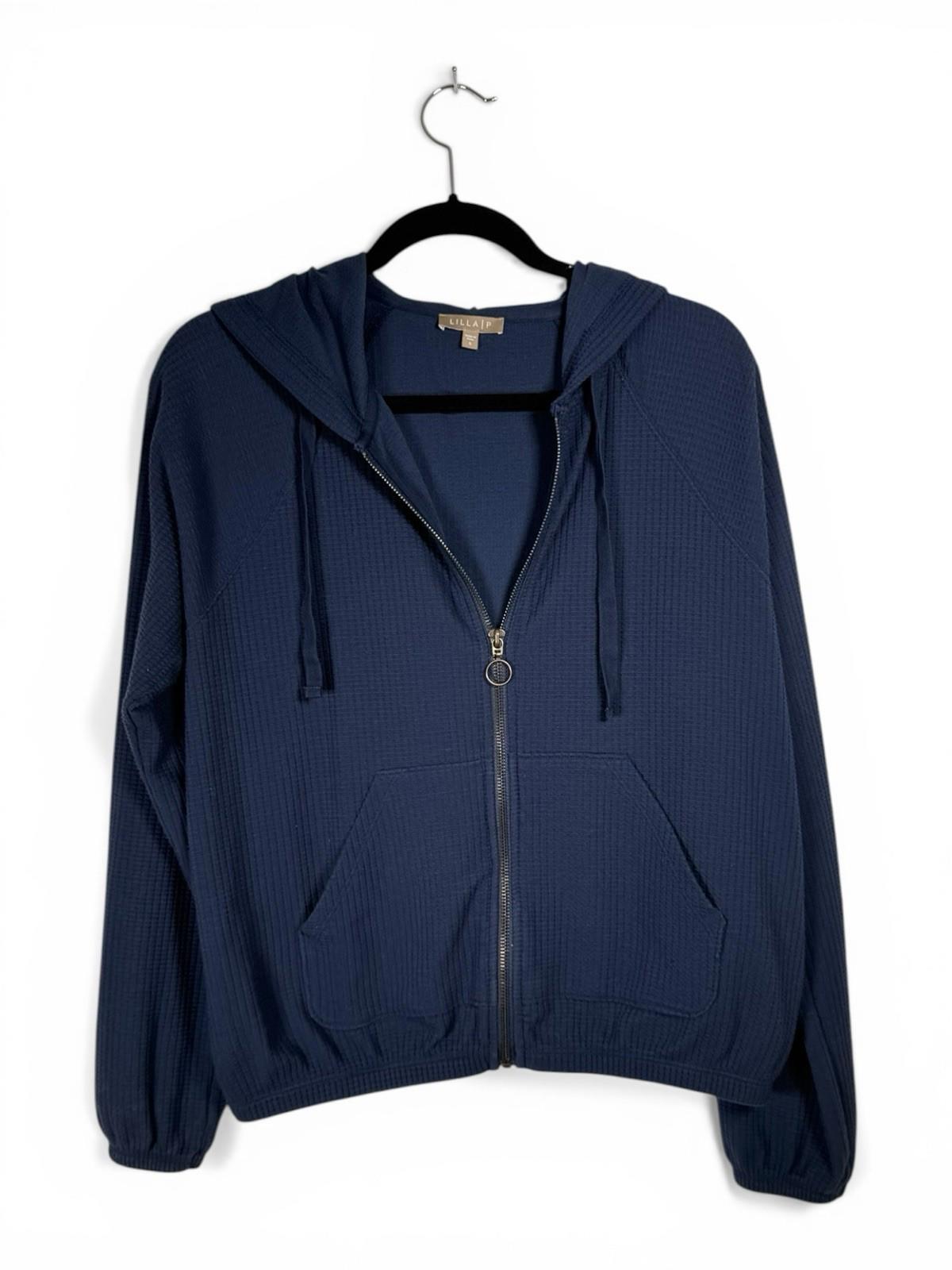Lilla P Women's Small Zip Front Kangaroo Pocket Hoodie Navy Waffle Knit Jacket - view 2