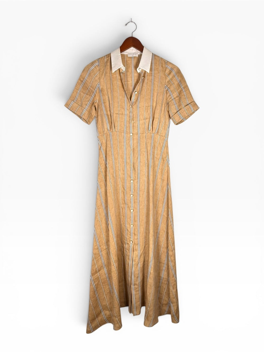 Sandro Rosita Linen Blend Midi Shirt Dress Beige Stripe Gathered FR34 Size XS - view 7