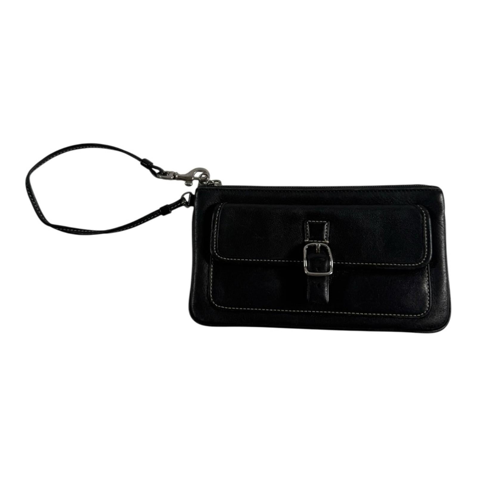 Coach Black Leather Buckle Wristlet Pouch Classic Contrast Stitch Small Bag - view 2