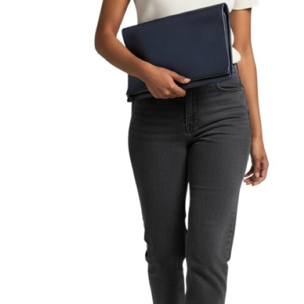 Everlane Foldover Leather Clutch Navy Made Spain Zip Top Minimalist Classic Bag