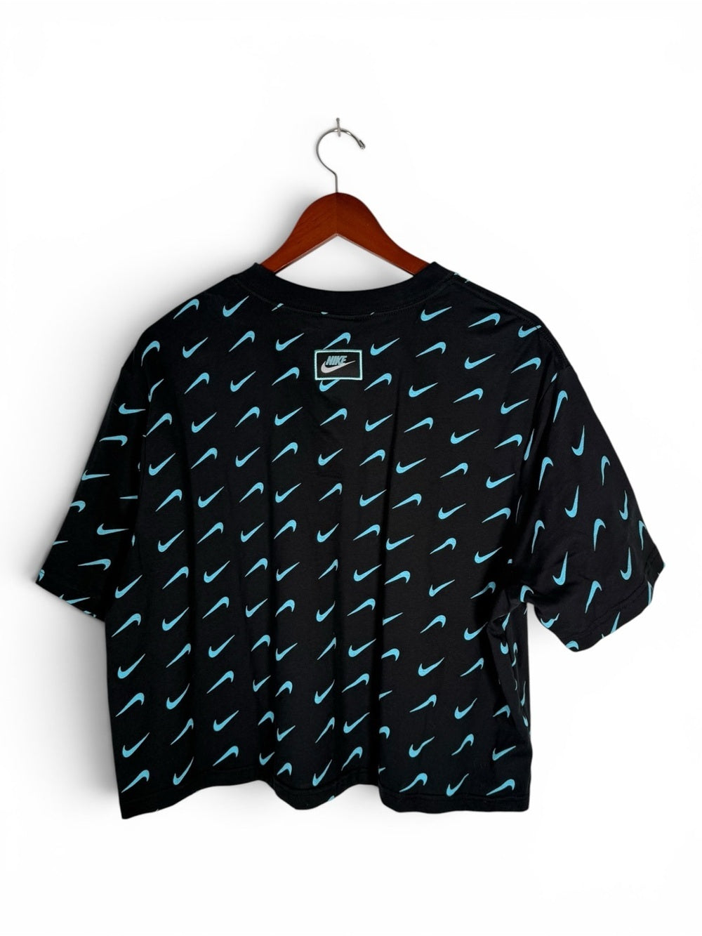 Nike Sportswear Allover Swoosh Print T-Shirt Black Blue Logo Women's Large Top - view 9