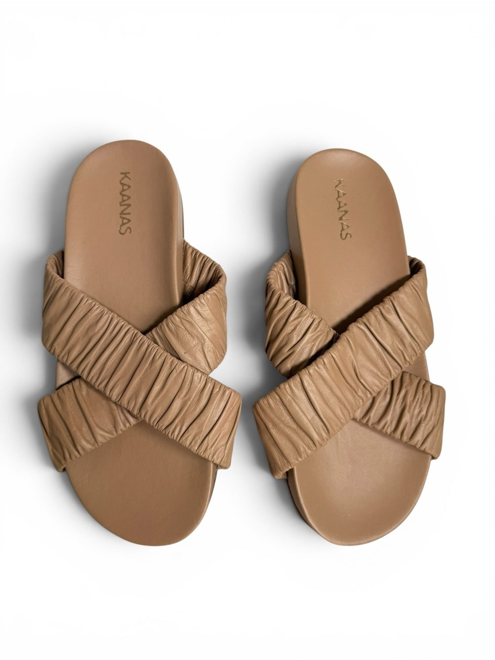 KAANAS Women’s Tan Brown Ruched Leather Cross Strap Slide Sandals Women Size 7M - view 6