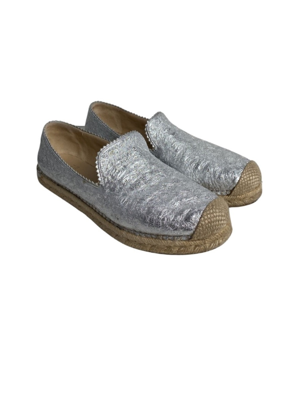 Stuart Weitzman Silver Leather Espadrille Flats Women's Size 8 Metallic Shoes