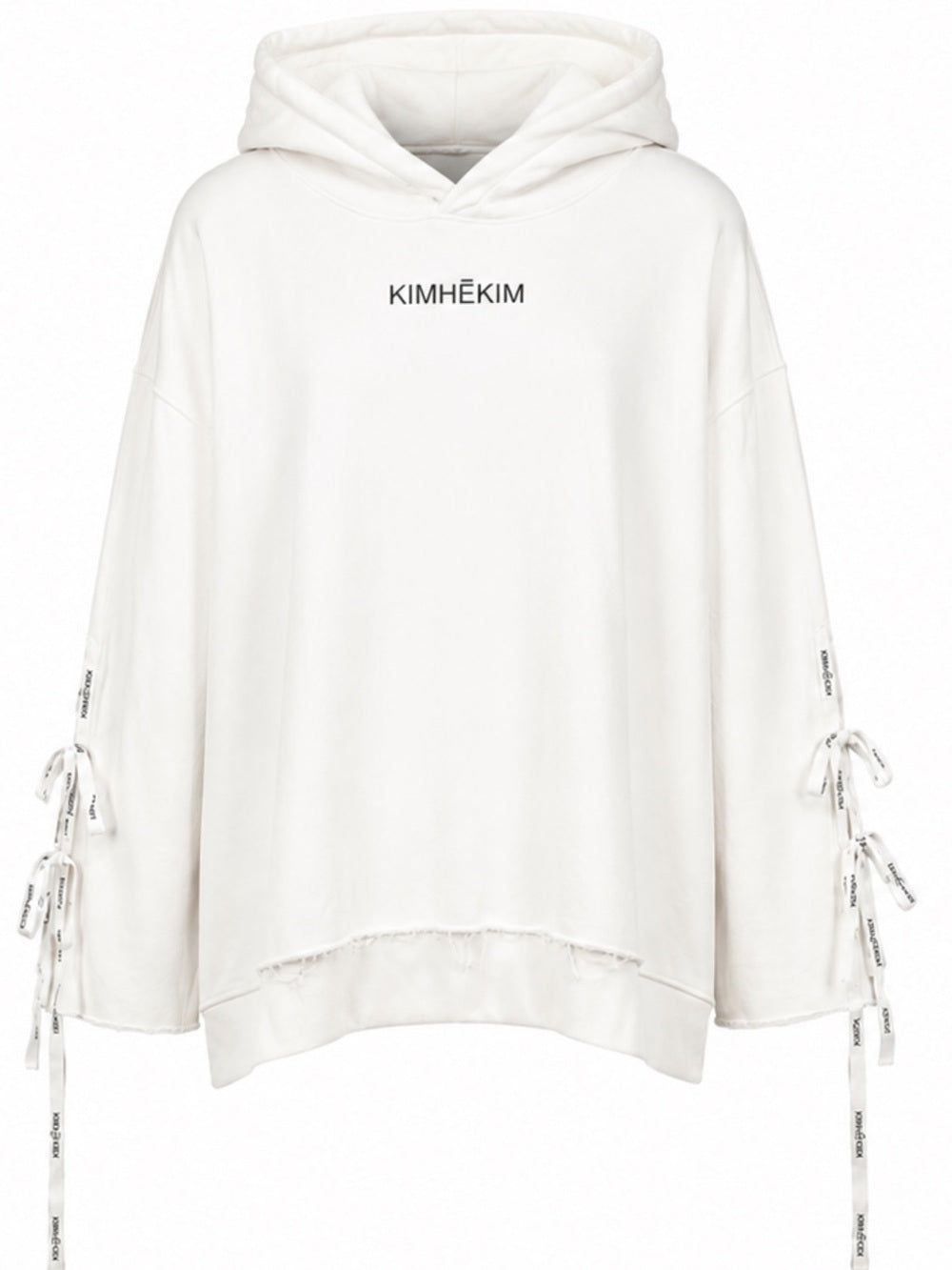 KIMHĒKIM White Oversized Hoodie Ribbon Tie Distressed Hem Women's Medium Sweater