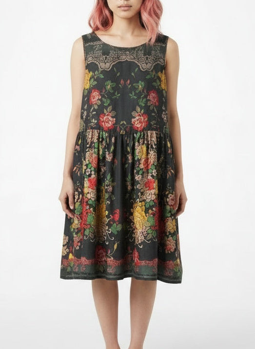 Full body view of the model wearing Johnny Was Black Floral Border Print Silk Sleeveless Dress Medium