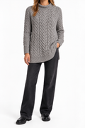 Aran Mór Grey Jumper Merino Wool Cable-Knit Mock-Neck Sweater Medium