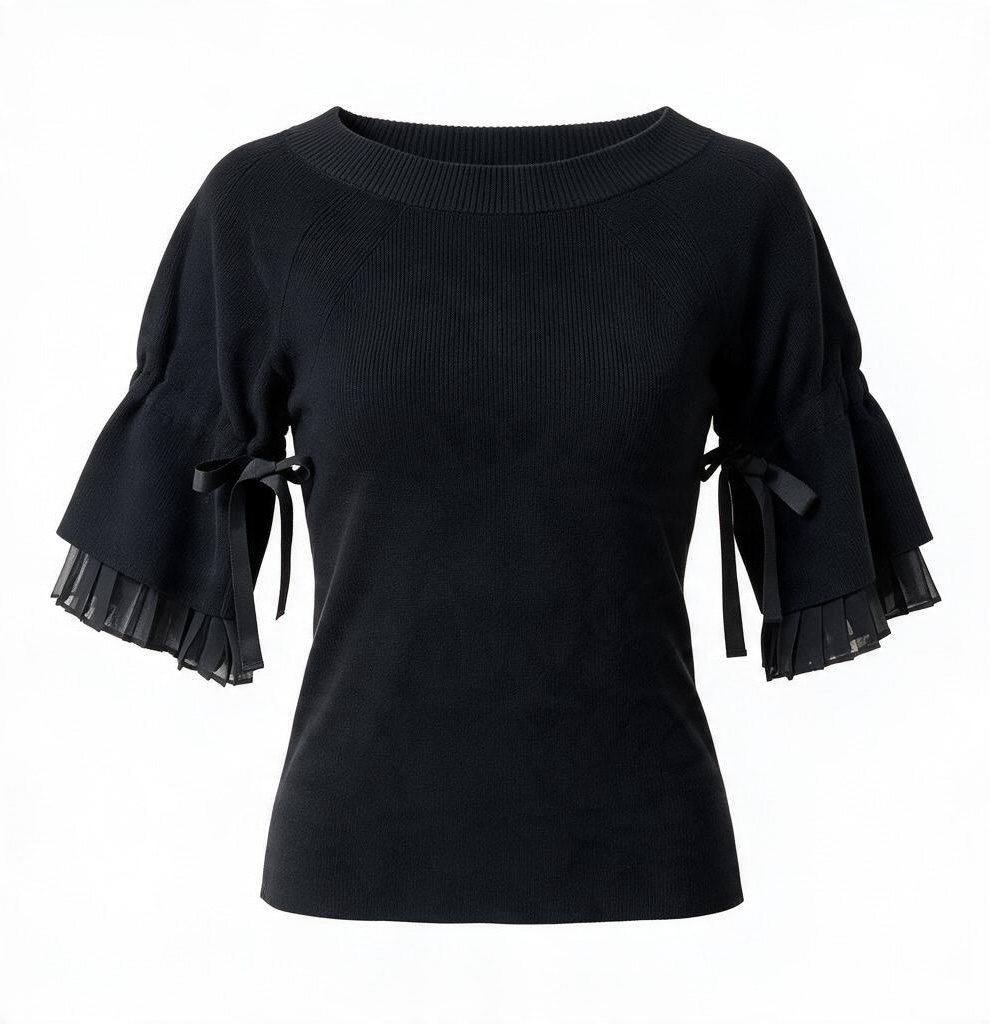 sacai Black Knit Sweater with Pleated Chiffon Ruffle Tie Sleeves Medium