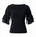 sacai Black Knit Sweater with Pleated Chiffon Ruffle Tie Sleeves Medium