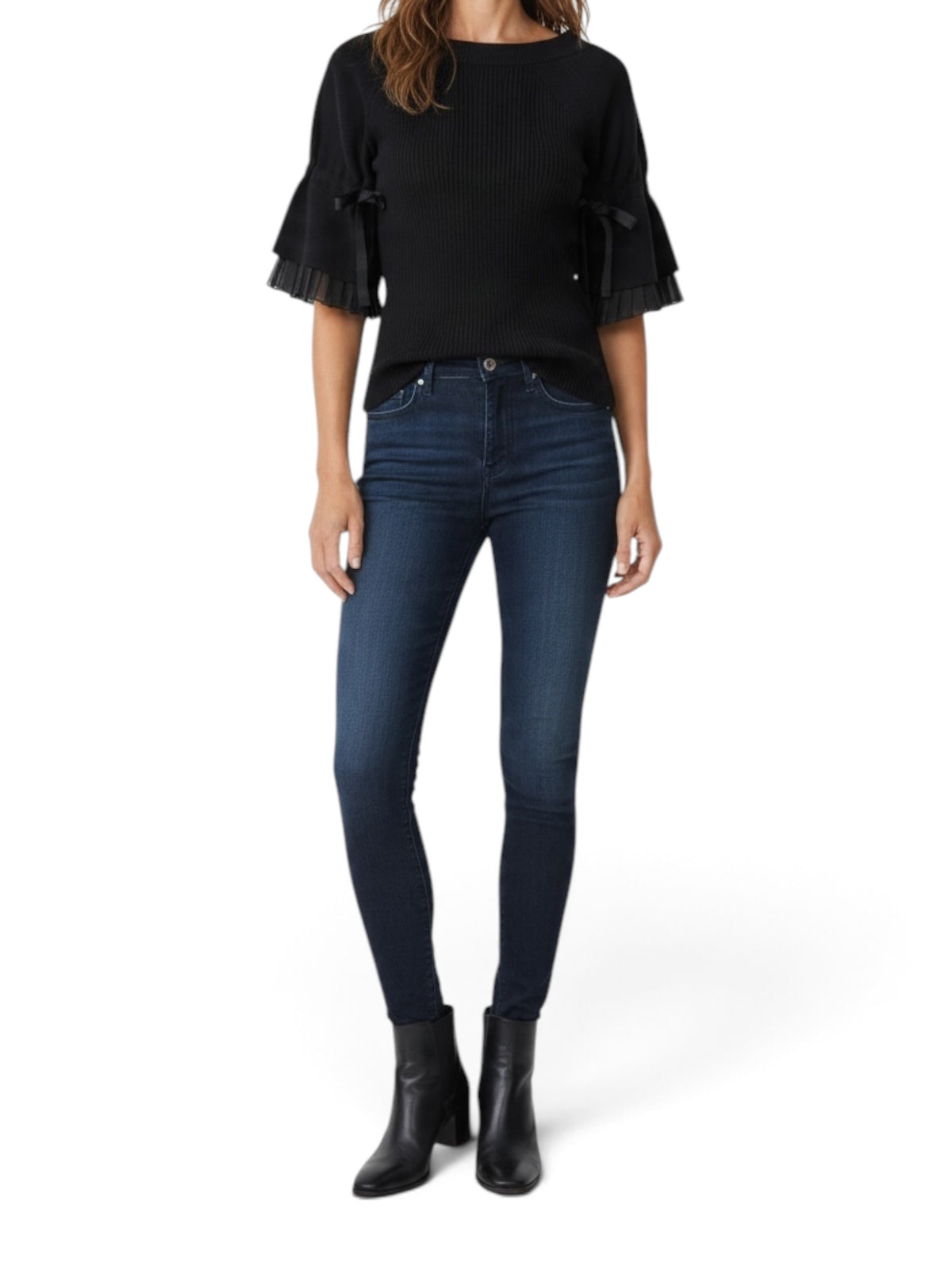 sacai Black Knit Sweater with Pleated Chiffon Ruffle Tie Sleeves Medium