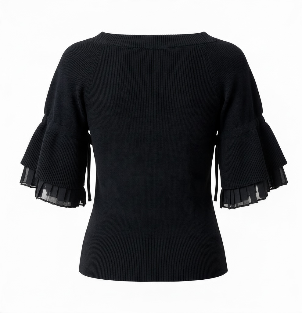 sacai Black Knit Sweater with Pleated Chiffon Ruffle Tie Sleeves Medium