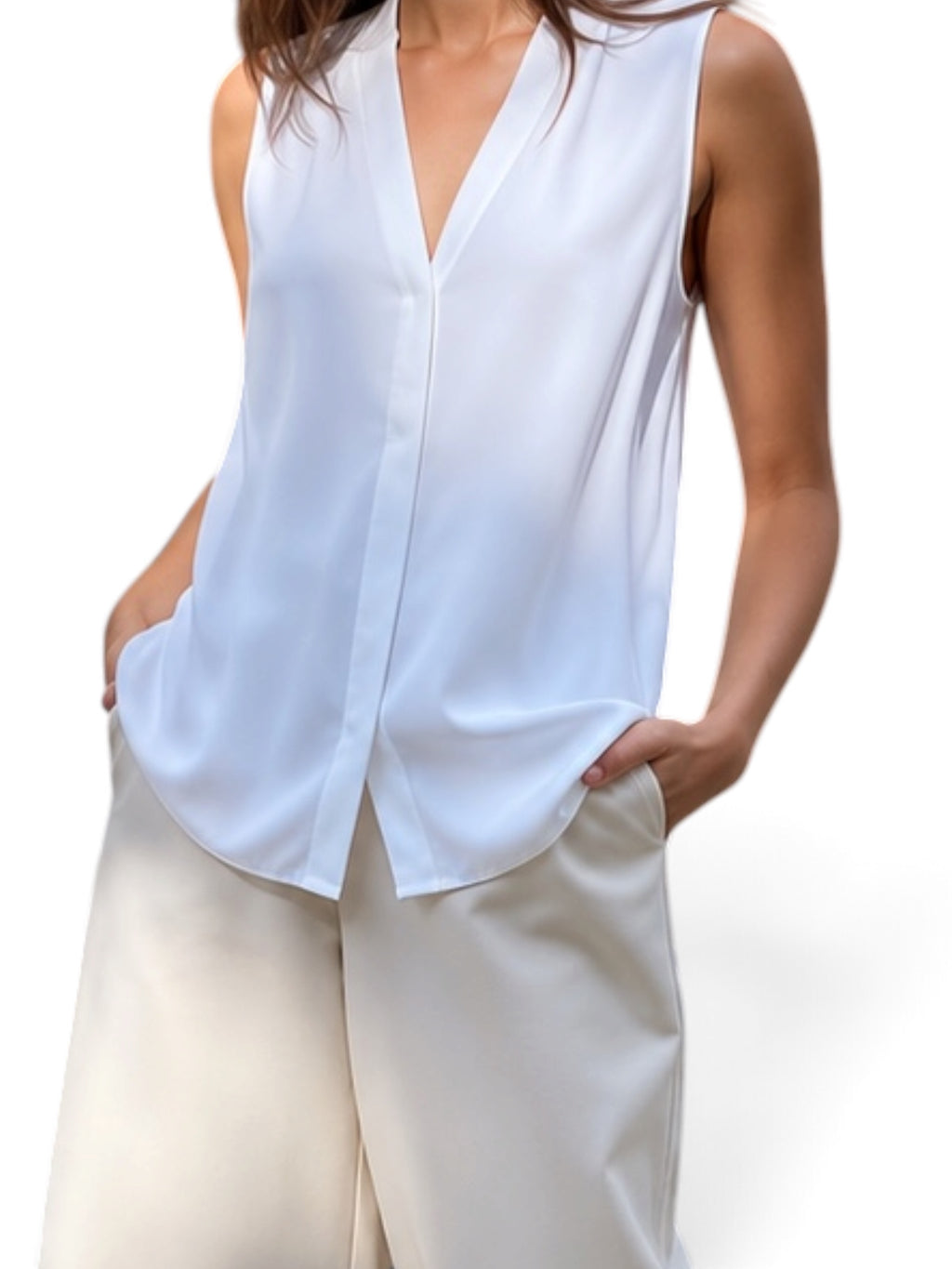 Babaton White Sleeveless V-Neck Blouse Medium