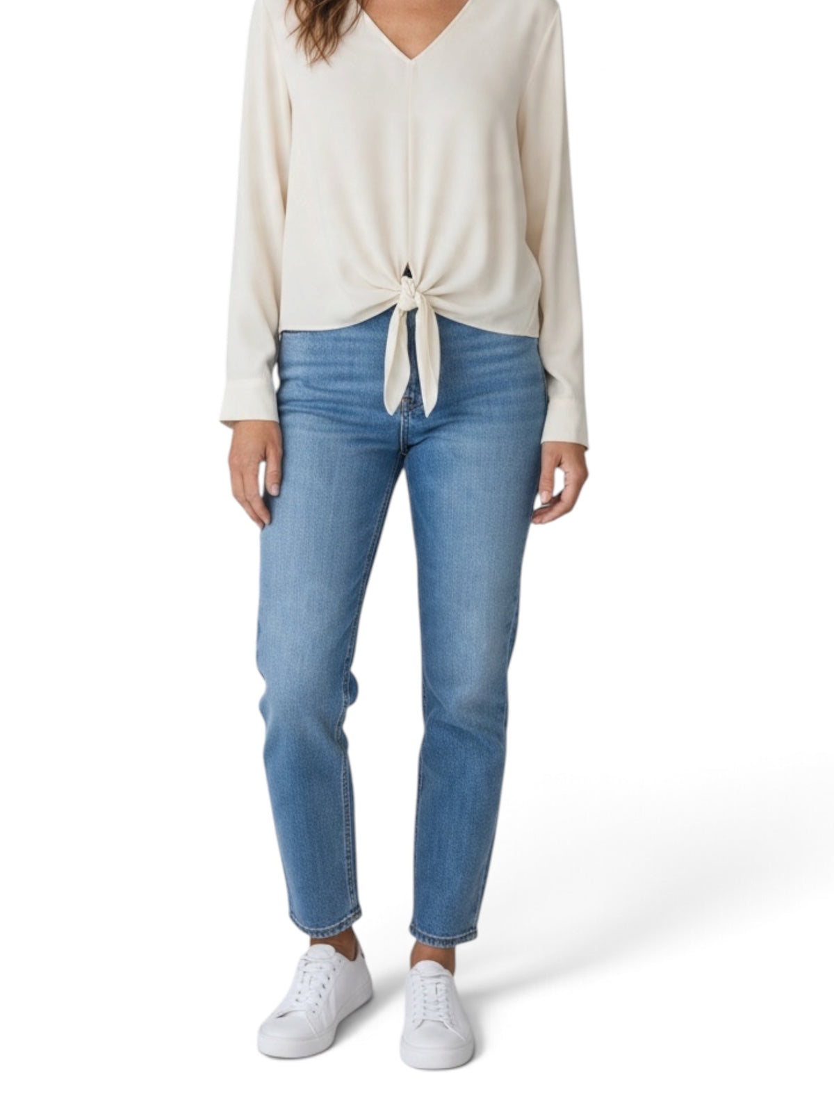 Jenni Kayne Cream Tie-Front V-Neck Long-Sleeve Blouse Large
