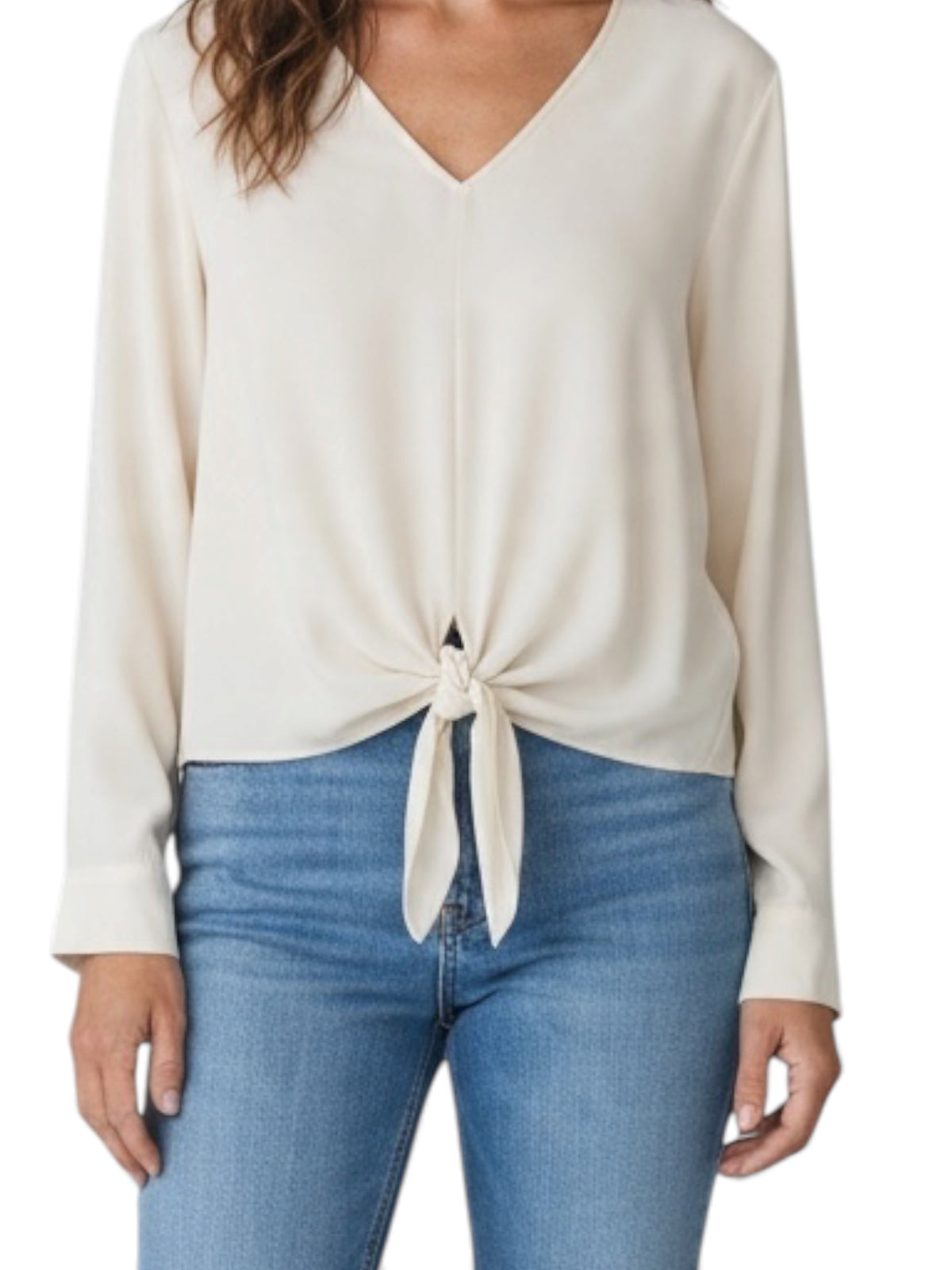 Jenni Kayne Cream Tie-Front V-Neck Long-Sleeve Blouse Large
