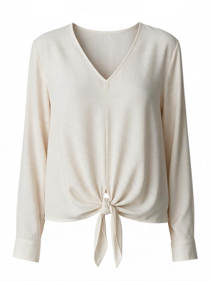 Jenni Kayne Cream Tie-Front V-Neck Long-Sleeve Blouse Large