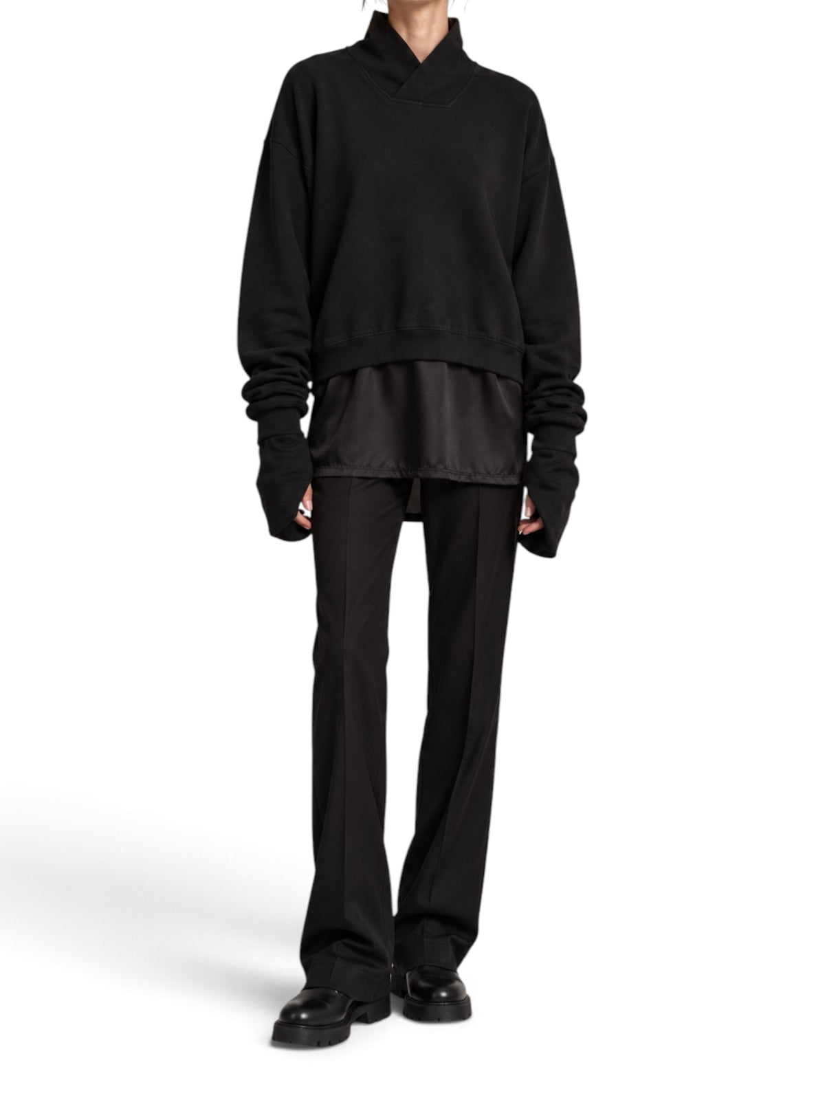 Haider Ackermann Black Funnel-Neck Sweatshirt Silk Hem Long Cuffs Small