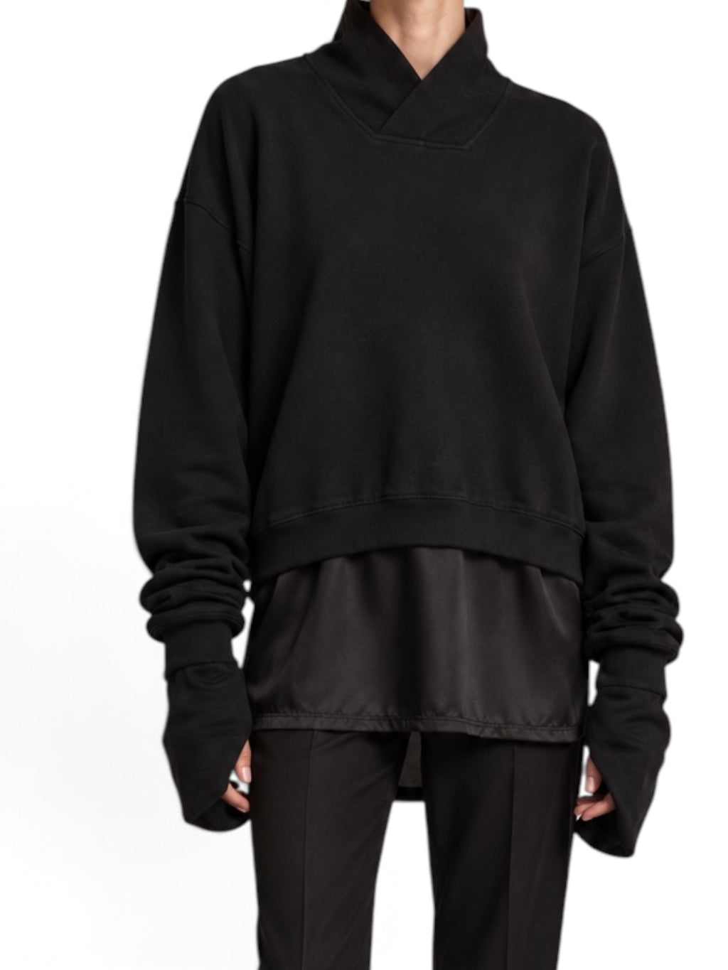 Haider Ackermann Black Funnel-Neck Sweatshirt Silk Hem Long Cuffs Small