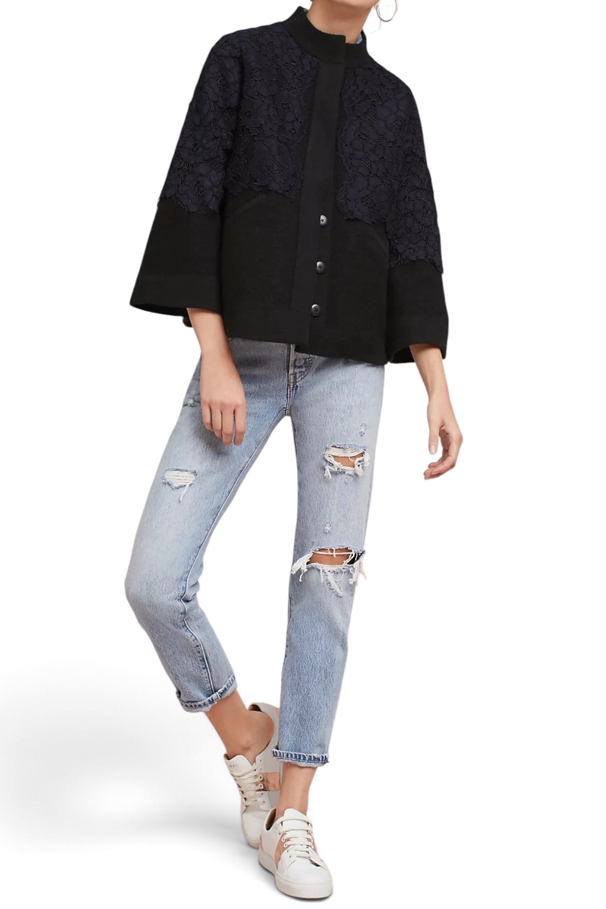 Field Flower Wool Lace-Panel Cape Jacket Black Size XS 100% Wool