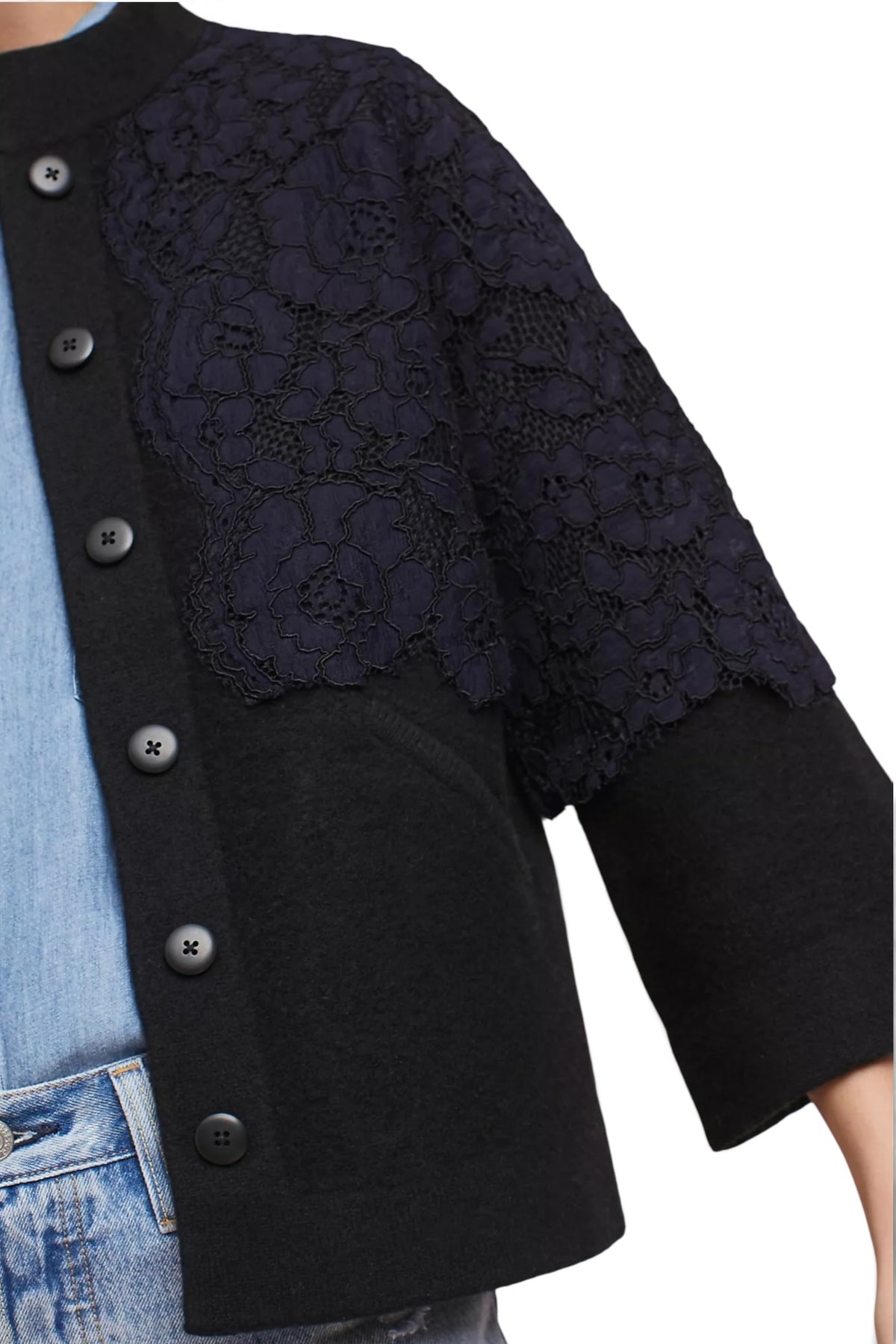 Field Flower Wool Lace-Panel Cape Jacket Black Size XS 100% Wool