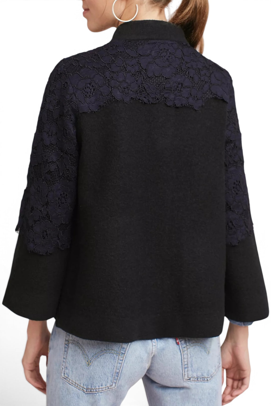 Field Flower Wool Lace-Panel Cape Jacket Black Size XS 100% Wool