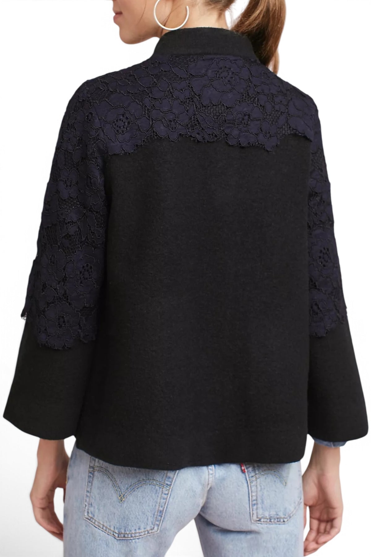 Field Flower Wool Lace-Panel Cape Jacket Black Size XS 100% Wool