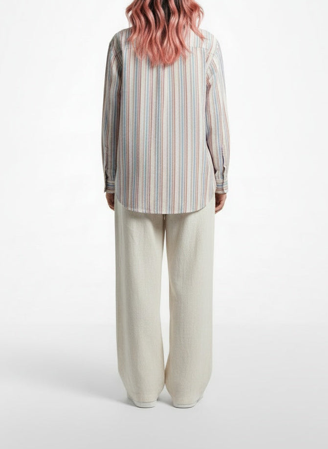 Back pose of the model wearing Barbour Penfor Striped Cotton-Linen Shirt Size 10