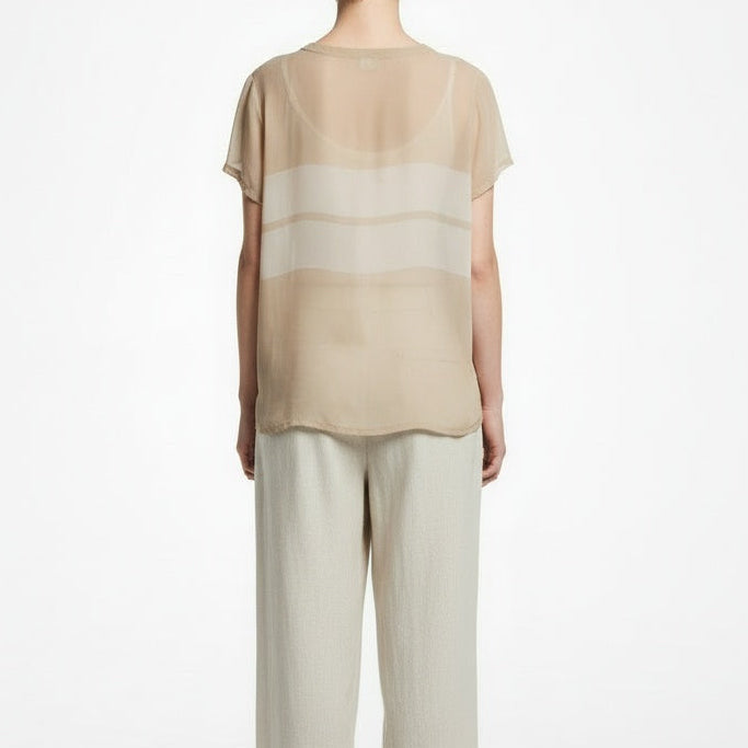 Back pose of the model wearing James Perse Sand & Cream Striped Sheer Scoop-Neck Tee Small