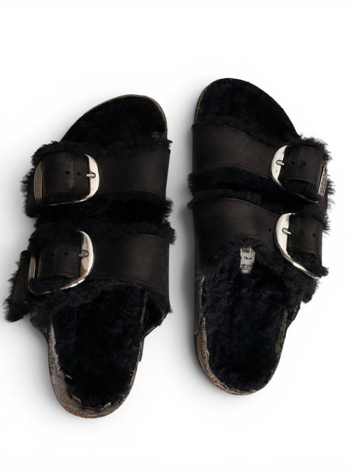 Birkenstock Arizona Big Buckle Shearling Black Sandals 38 US 7.5 Fur Lined Shoes - view 2