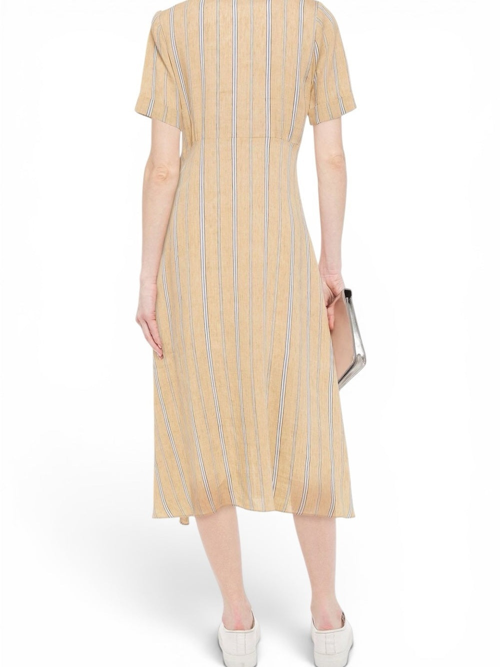 Sandro Rosita Linen Blend Midi Shirt Dress Beige Stripe Gathered FR34 Size XS - view 4