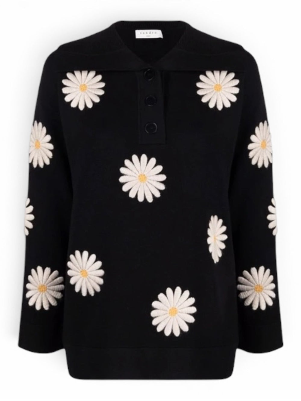 Sandro Paris Black Daisy Embroidered Oversized Collar Sweater Size 1 Small Tunic - view 6