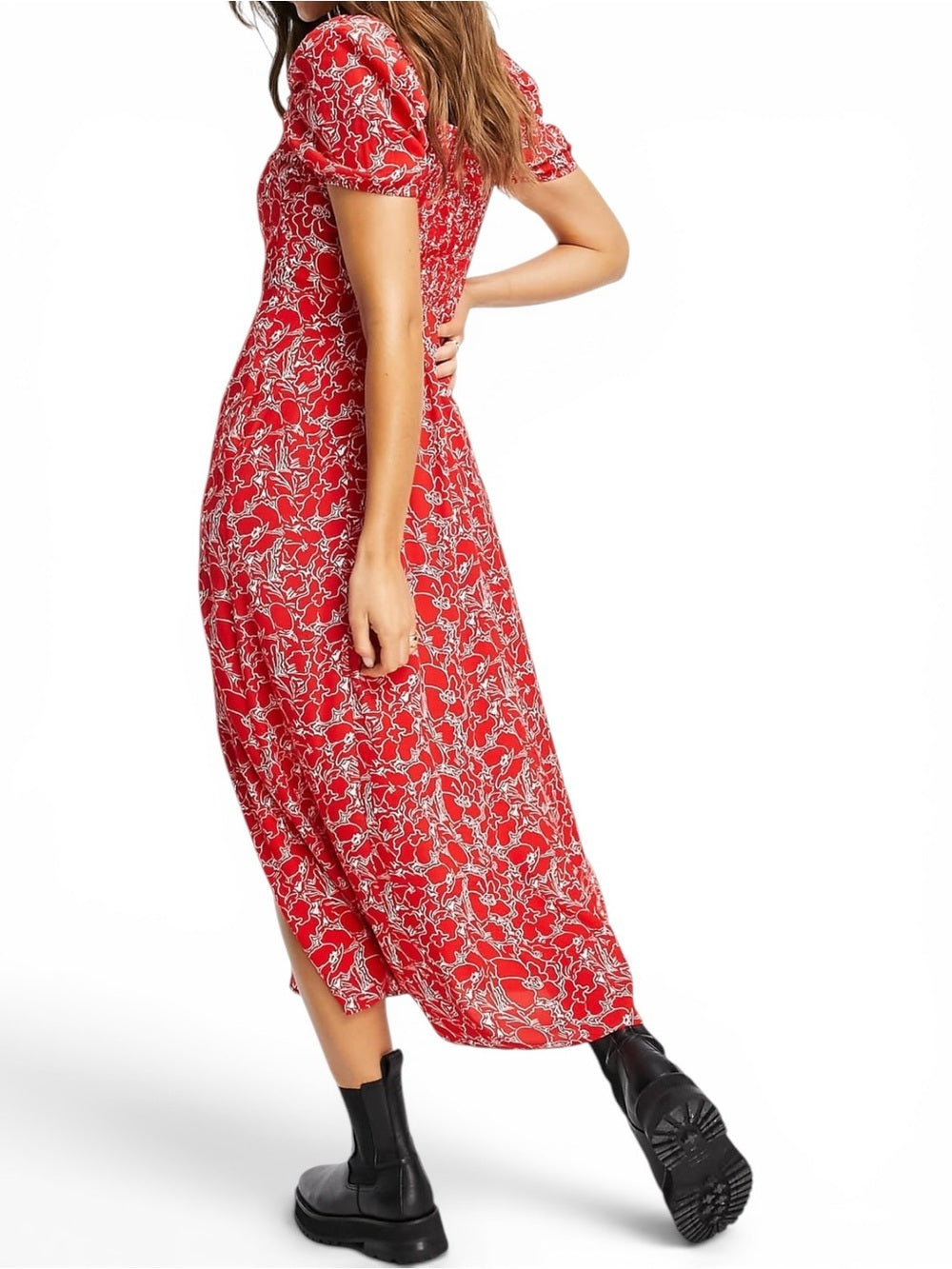 & Other Stories Red Floral Ruched Midi Dress Women EU 38 US 8 Viscose Side Slit - view 4