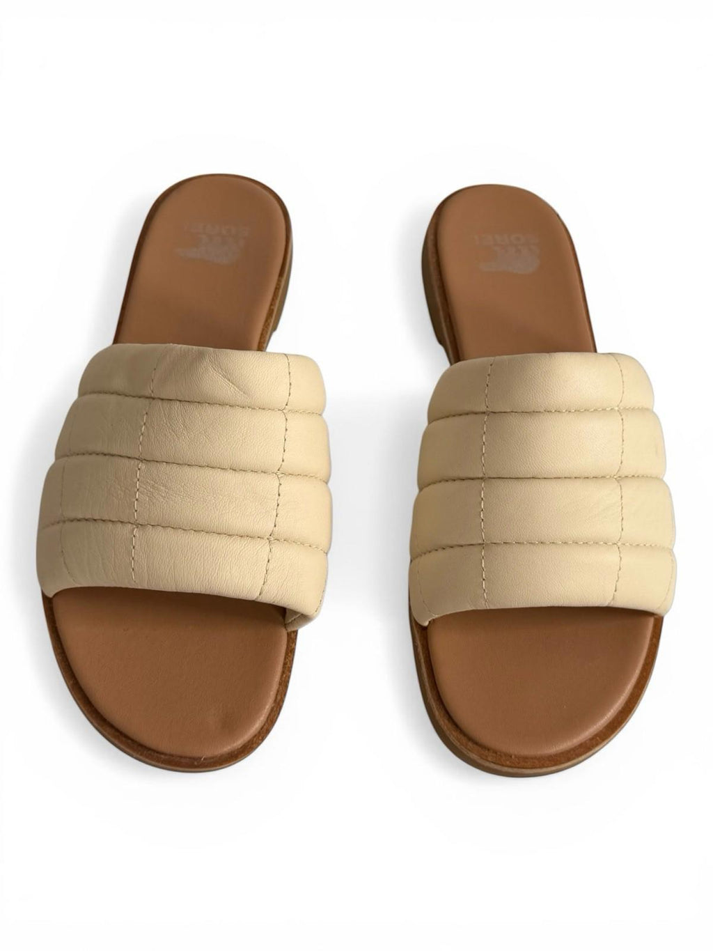Sorel Ella III Slide Sandals Ivory Leather Puffer Strap Slides Size 7.5 Flats