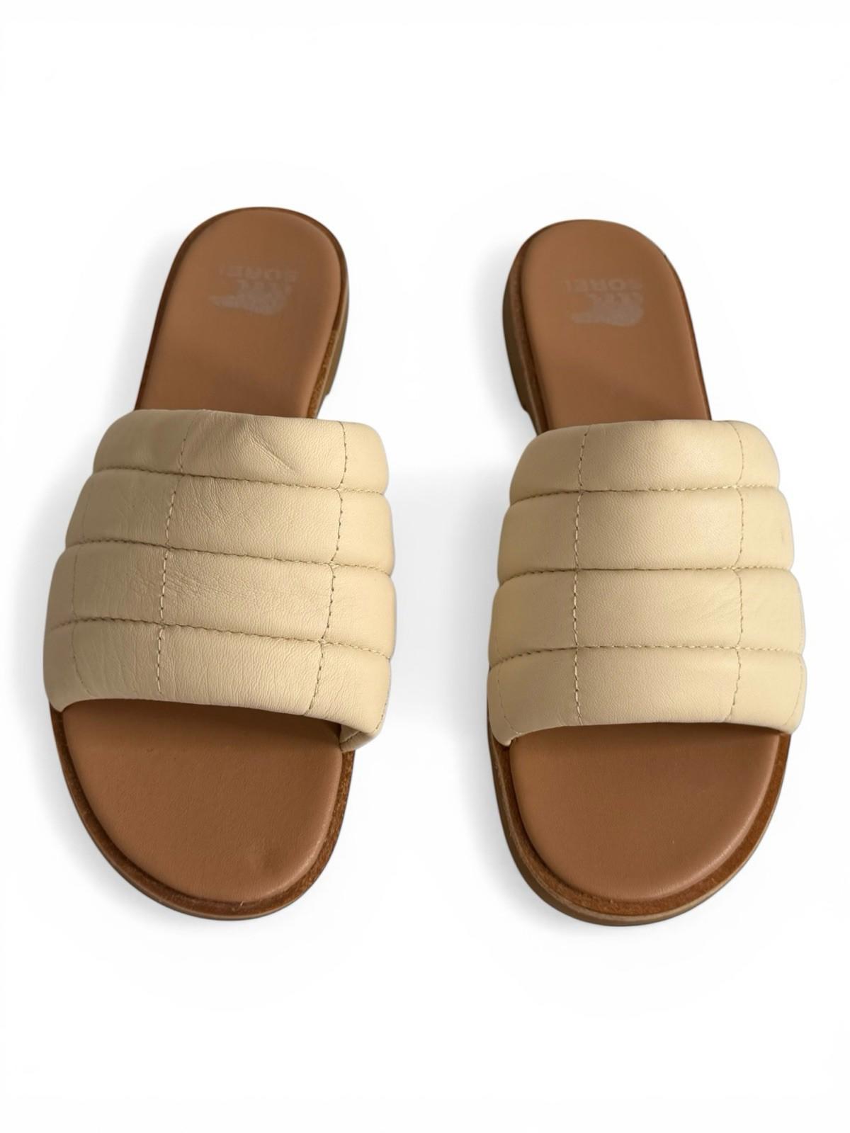 Sorel Ella III Slide Sandals Ivory Leather Puffer Strap Slides Size 7.5 Flats