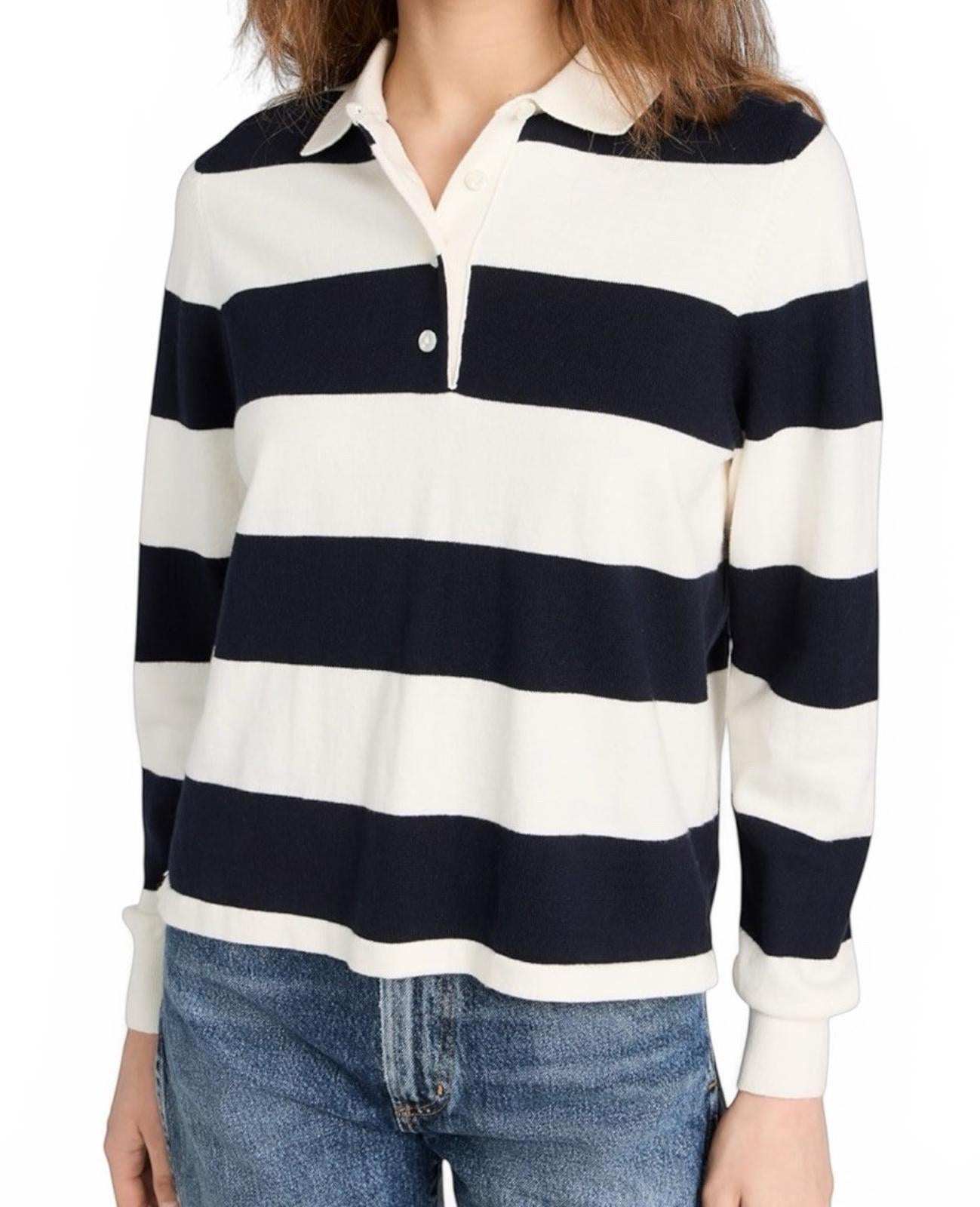 Wyeth Navy White Striped Knit Polo Sweater Cotton Cashmere Womens XS Preppy Top