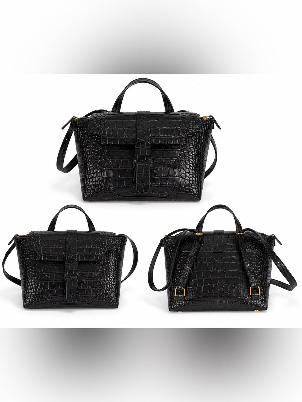 Senreve Mini Maestra Black Croc Embossed Leather Convertible Backpack Bag - view 3