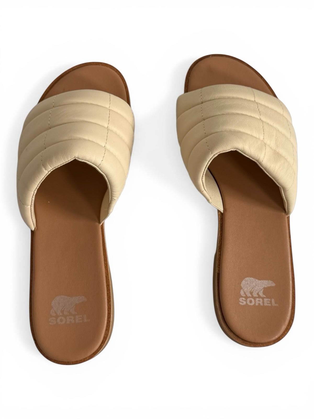 Sorel Ella III Slide Sandals Ivory Leather Puffer Strap Slides Size 7.5 Flats - view 4