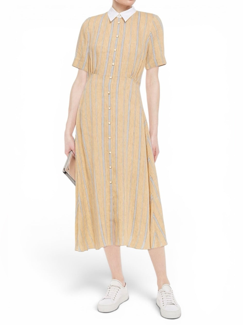 Sandro Rosita Linen Blend Midi Shirt Dress Beige Stripe Gathered FR34 Size XS - view 2