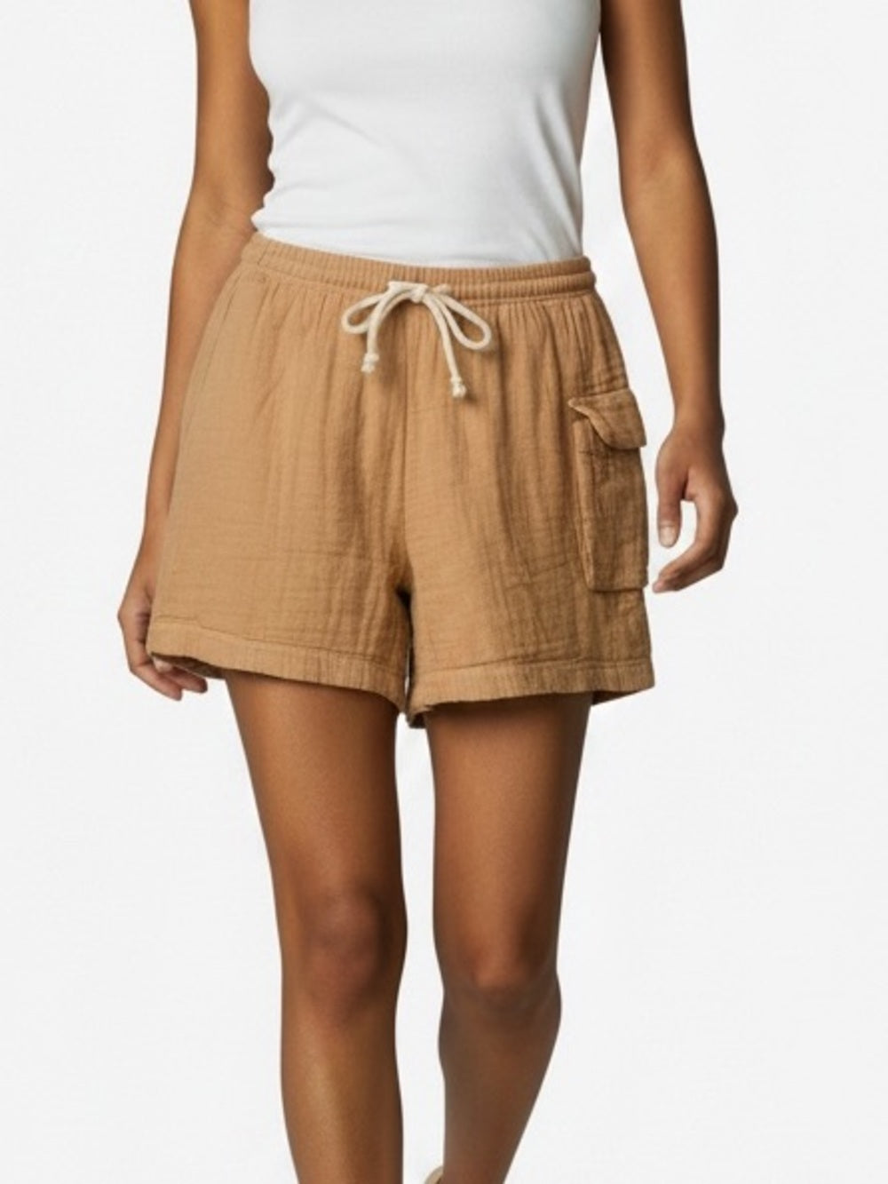 DONNI 100% Cotton Gauze Cargo Shorts Beige Tan Drawstring XS USA