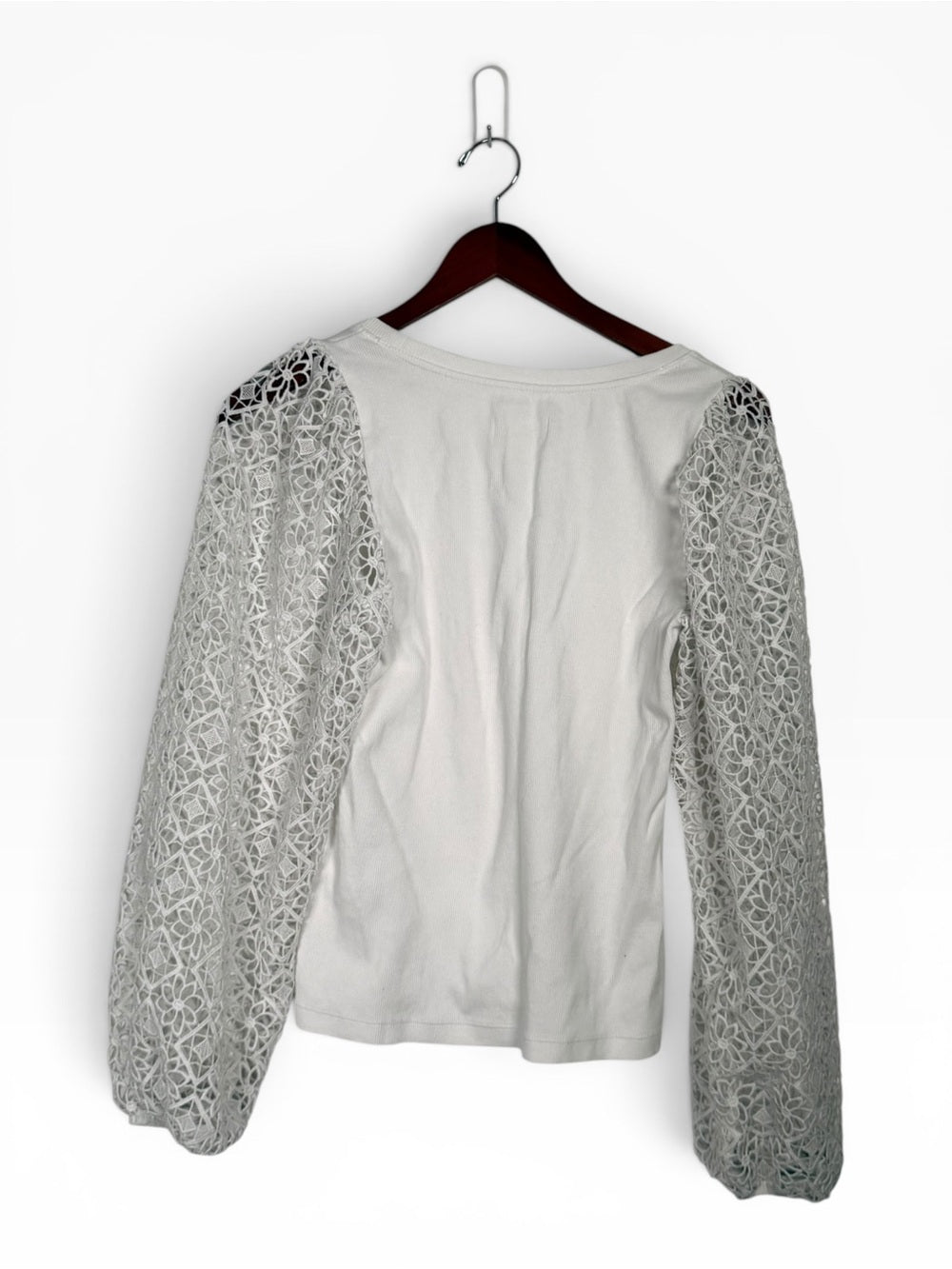 Anthropologie Maeve Lace Sleeve Top White Rib Knit Scoop Neck Women Small Shirt - view 9