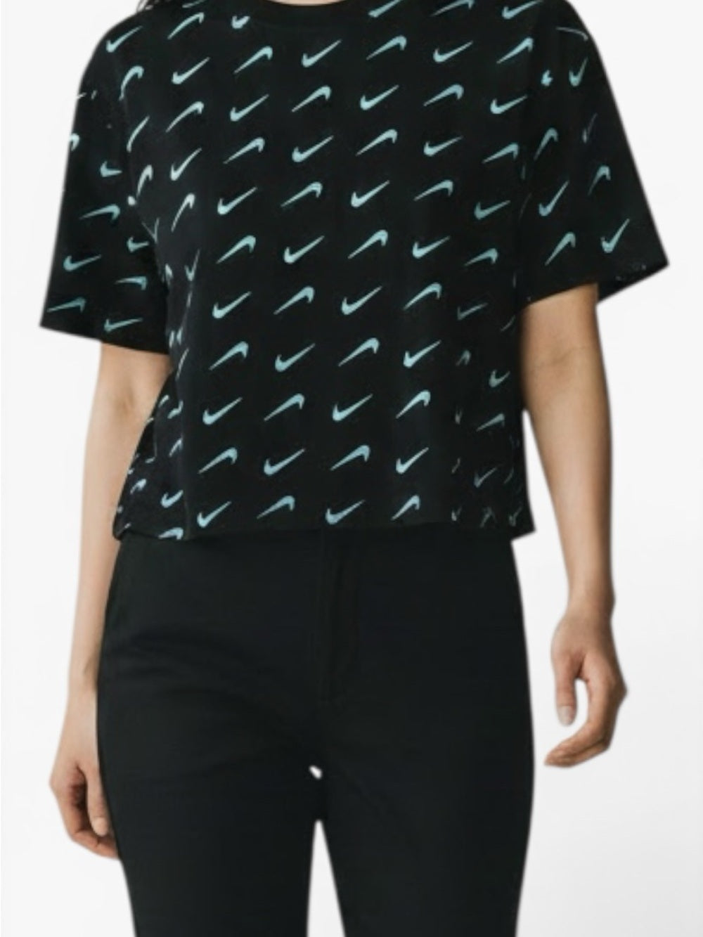Nike Sportswear Allover Swoosh Print T-Shirt Black Blue Logo Women's Large Top - view 3