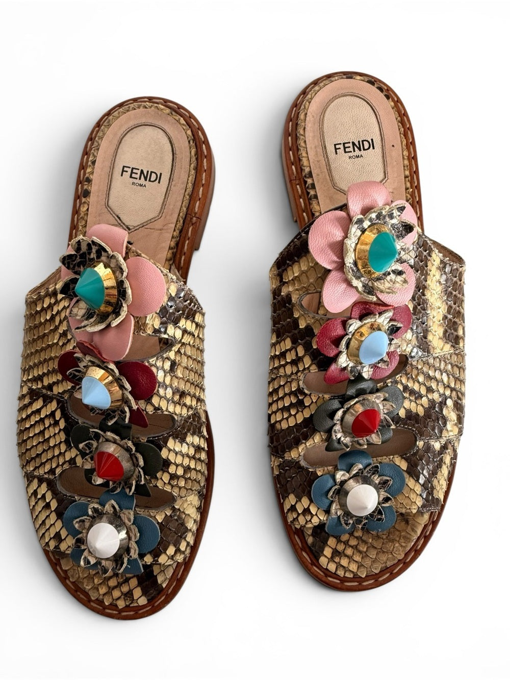 Fendi Flowerland Python Snakeskin Slide Sandals Floral Embellished Size 39 Shoes