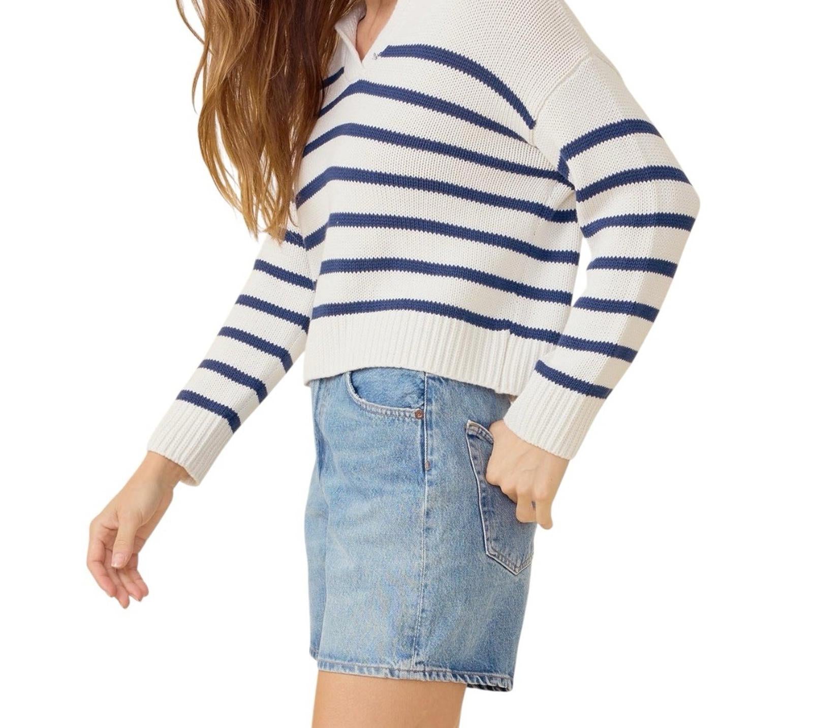One Grey Day Leni Hoodie Navy Combo Striped Cotton Silk Knit Sweater Women’s XS - view 2
