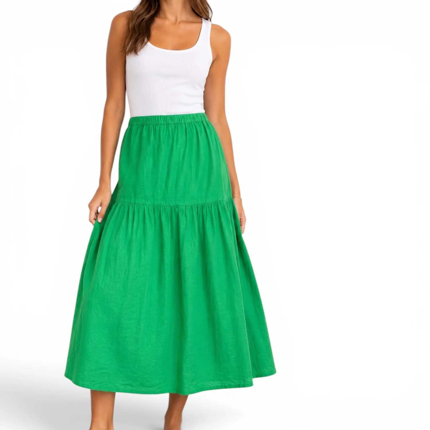 Left On Friday Beach Linen Green Tiered Midi Skirt Elastic Waist S - view 2