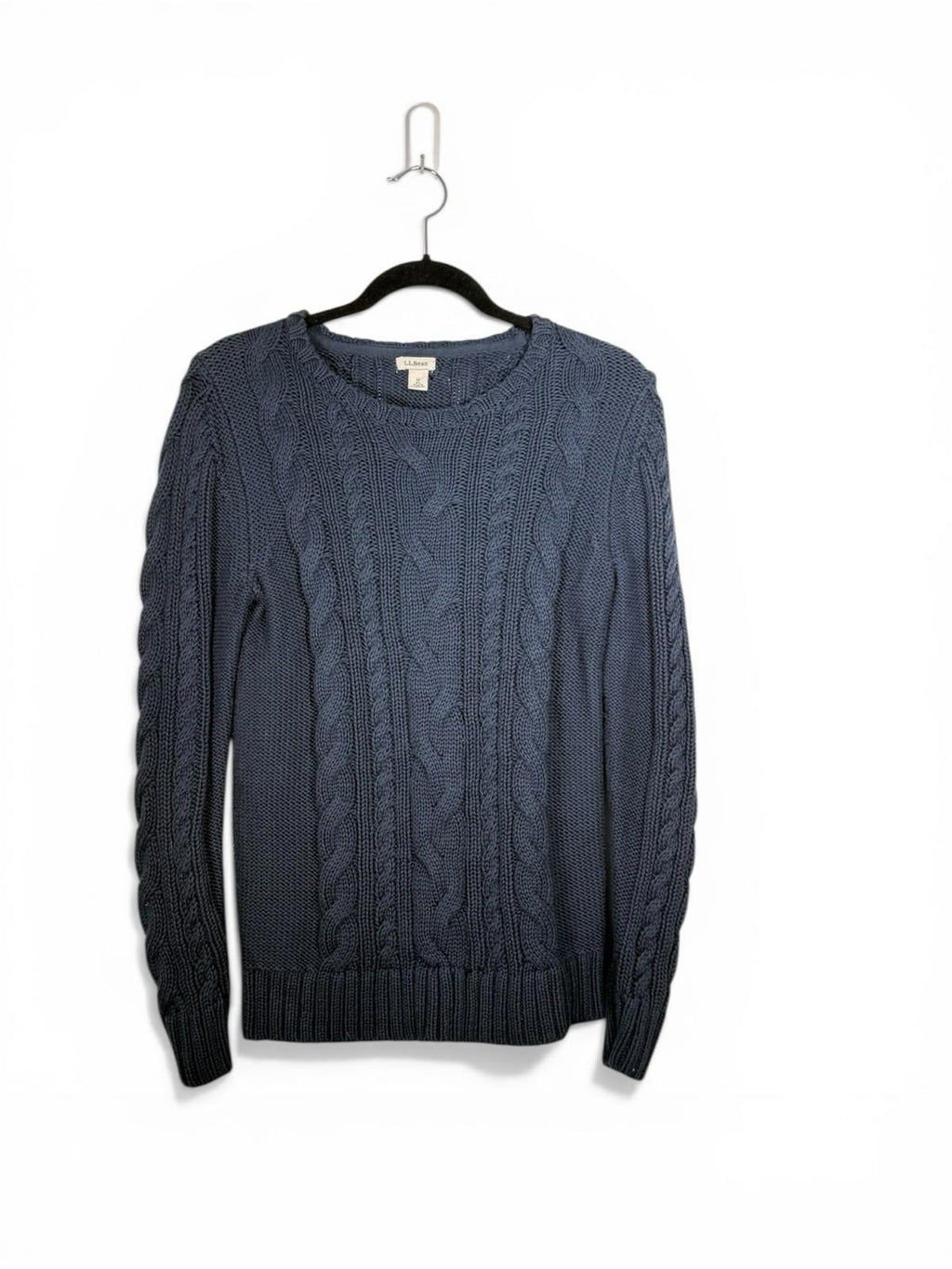 LL Bean Women Medium Cable Knit Crewneck Sweater 100% Cotton Slate Blue Pullover - view 7
