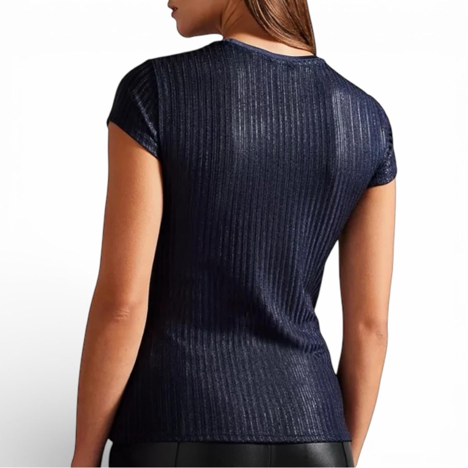 Ted Baker Women Katrino Metallic Rib Knit Tee Navy Short Sleeve Top Size 2 Small - view 3