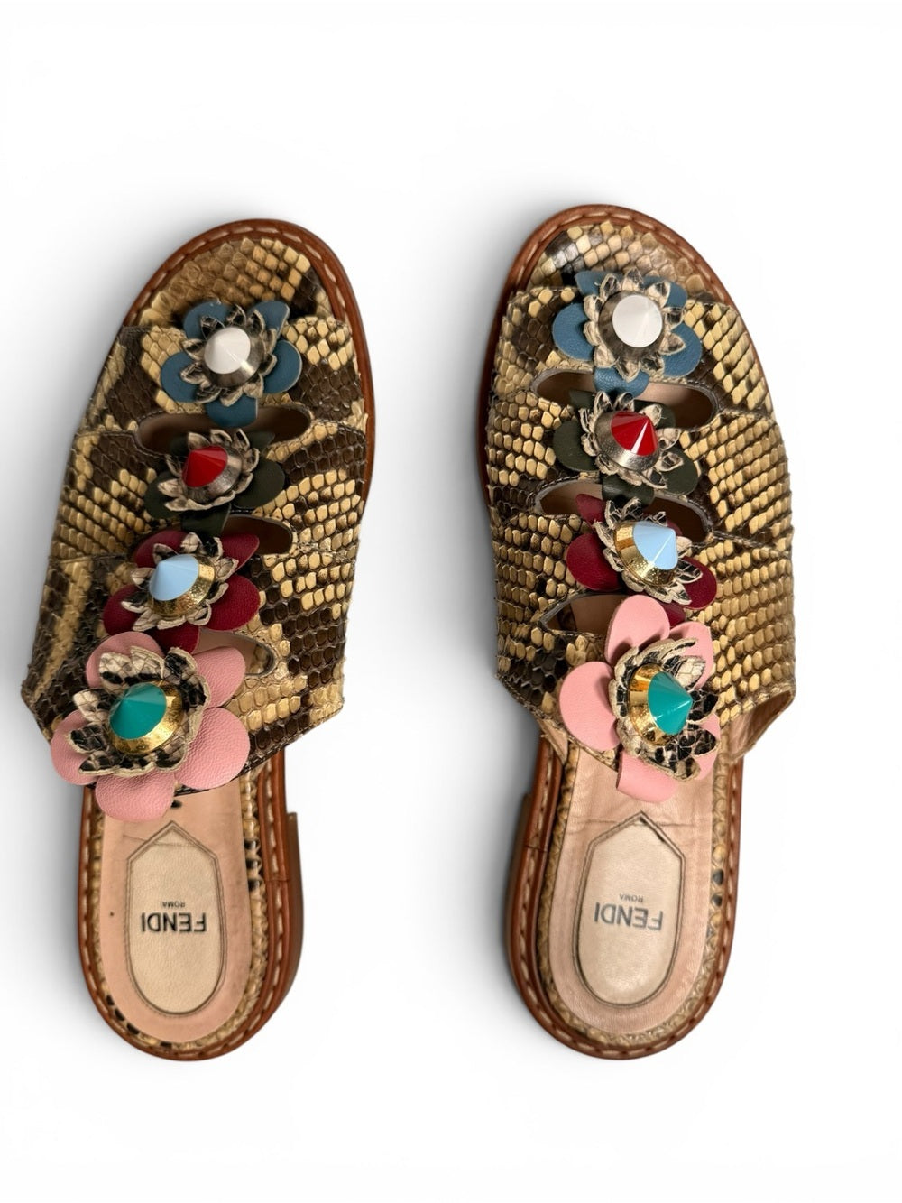 Fendi Flowerland Python Snakeskin Slide Sandals Floral Embellished Size 39 Shoes - view 2