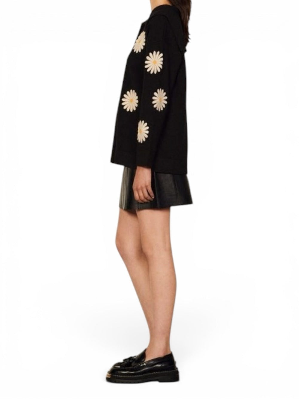 Sandro Paris Black Daisy Embroidered Oversized Collar Sweater Size 1 Small Tunic - view 3